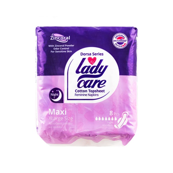 winged-sanitary-napkin-dorsa-series-maxi-extra-large-size-night-model-8-pieces-pack-back-view-ladycare-brand-image-used-in-ernest24.com-site.jpg نوار بهداشتی بالدار ماکسی خیلی بزرگ مدل درسا لیدی کر - Image 1